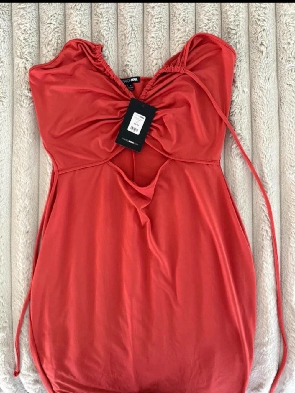 Fashion Nova Coral Red Ruched Cutout Midi Dress